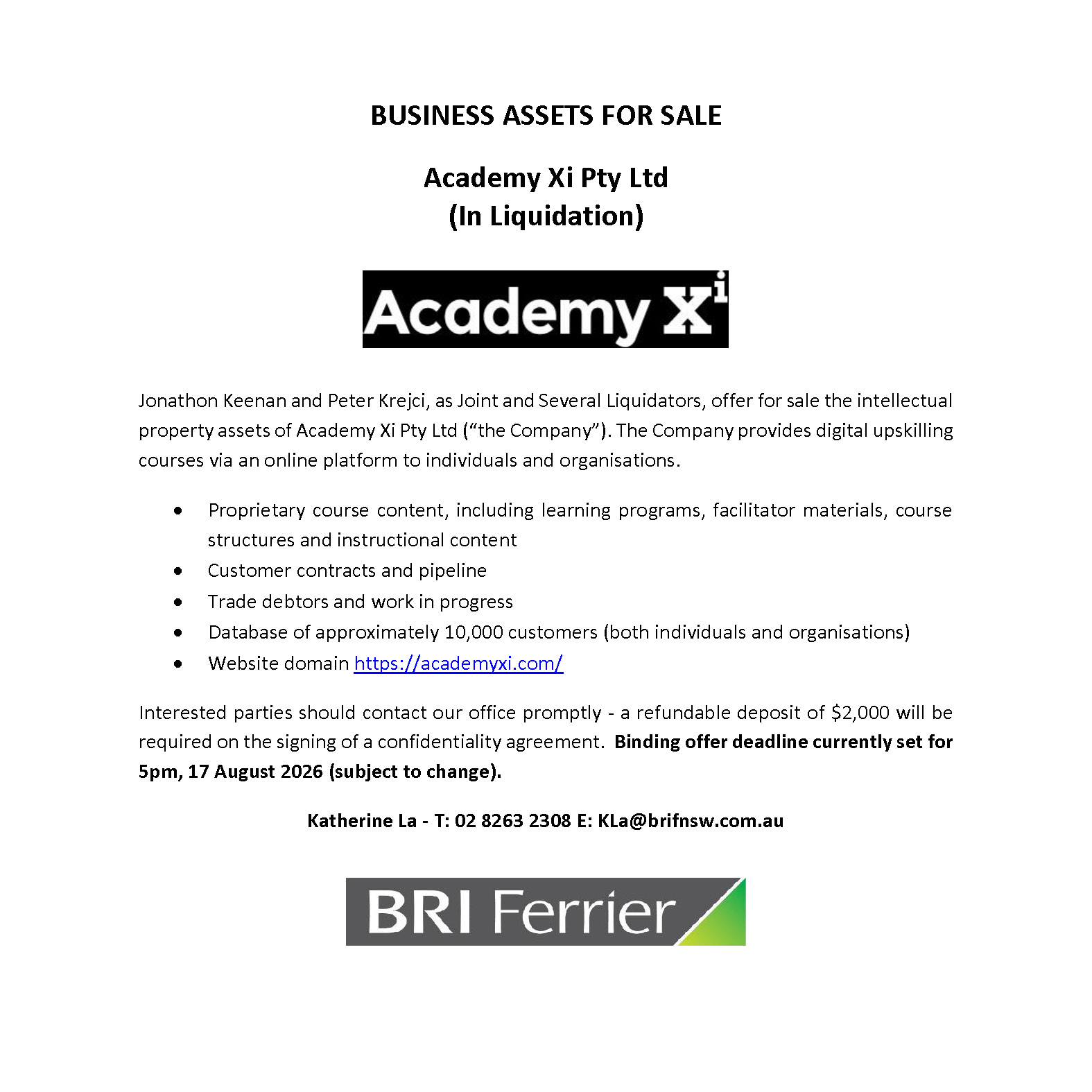 Academy Xi Sale Of Assets Advertisement